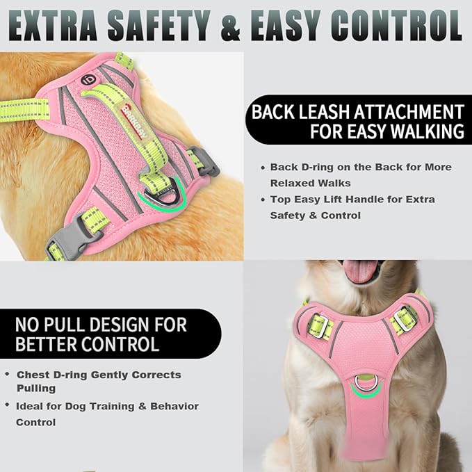 BARKBAY No Pull Dog Harness Large Reflective Dog Harness with Front Clip and Easy Control Handle for Walking Training Running with ID tag Pocket(Baby Pink & Sunlight,L)