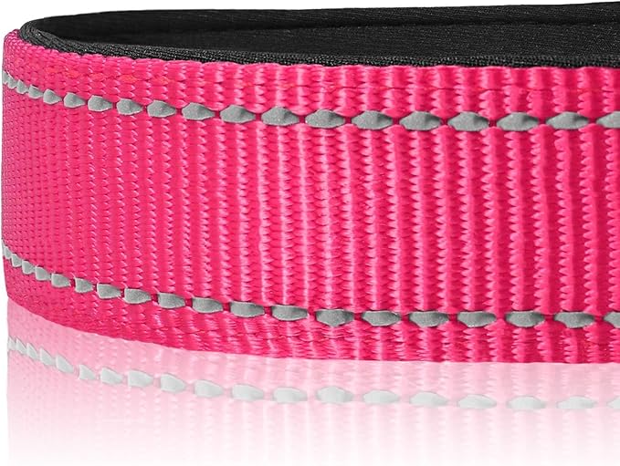 Joytale Reflective Dog Collar, Soft Neoprene Padded, Metal D-Ring, Nylon Pet Collar Adjustable for Large Dogs, Hotpink, L