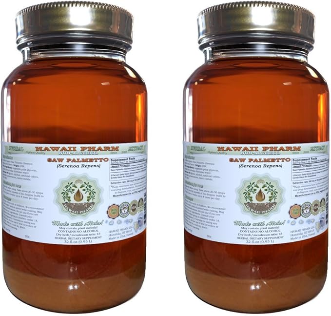 Saw Palmetto Alcohol-Free Liquid Extract, Organic Saw Palmetto (Serenoa Repens) Dried Berry Glycerite Natural Herbal Supplement, Hawaii Pharm, USA 2x32 fl.oz