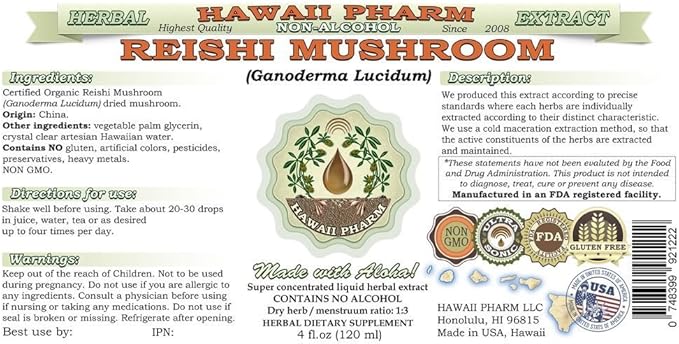 Reishi Alcohol-Free Liquid Extract - Tonic of Emperors, Organic Reishi Mushroom (Ganoderma Lucidum) Dried Mushroom Glycerite Natural Herbal Supplement, Hawaii Pharm, USA 32 fl.oz
