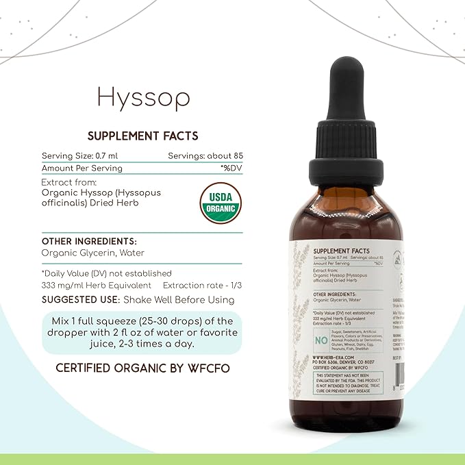 Hyssop B60 USDA Organic Tincture | Alcohol-Free Extract, High-Potency Herbal Drops | Certified Organic Hyssop (Hyssopus officinalis) Dried Root (2 oz)