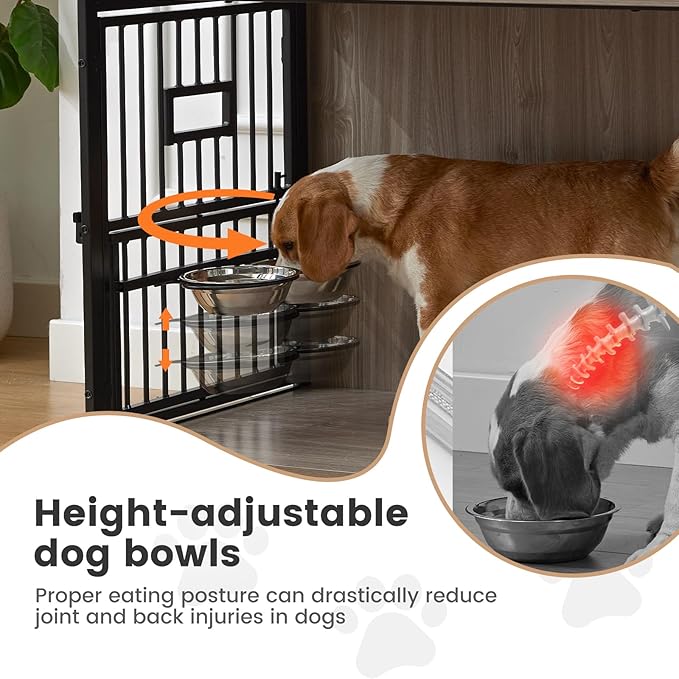 32 Inch Heavy Duty Dog Crate Furniture for Medium/Small Dogs, Decorative Pet House End Table with 3 Doors & Adjustable Bowls, Wooden Cage Kennel Furniture Indoor, Rustic Brown