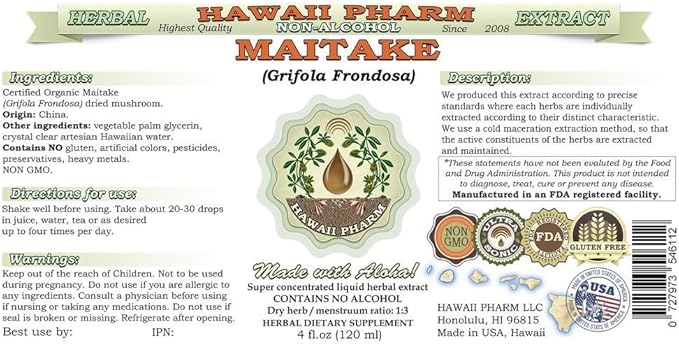 Maitake Alcohol-Free Liquid Extract, Organic Maitake (Grifola Frondosa) Dried Mushroom Glycerite Natural Herbal Supplement, Hawaii Pharm, USA 2x2 oz