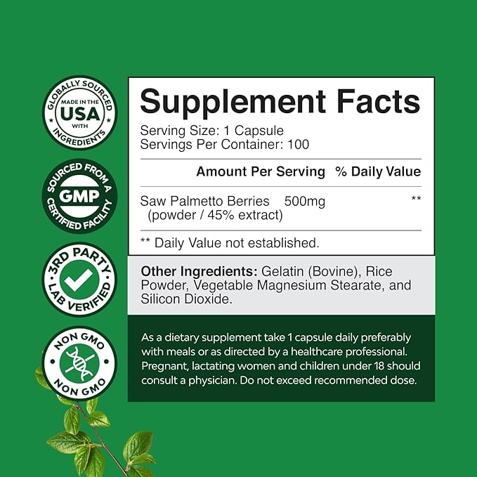 Extra Strength Saw Palmetto Extract - Advanced Herbal Complex for Hair Health and Urinary Support with Plant Sterols & Flavonoids - Potent Herbal Supplement with 500mg per Serving - 100 Capsules
