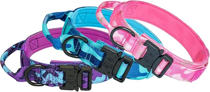 Hotsky Tactical Dog Collar, Adjustable Military Training Nylon Airtag Collar with Handle and Heavy Duty Metal Buckle for Medium Large Dogs, with Airtag Holder and Two Patches（Purple Camo,XL）