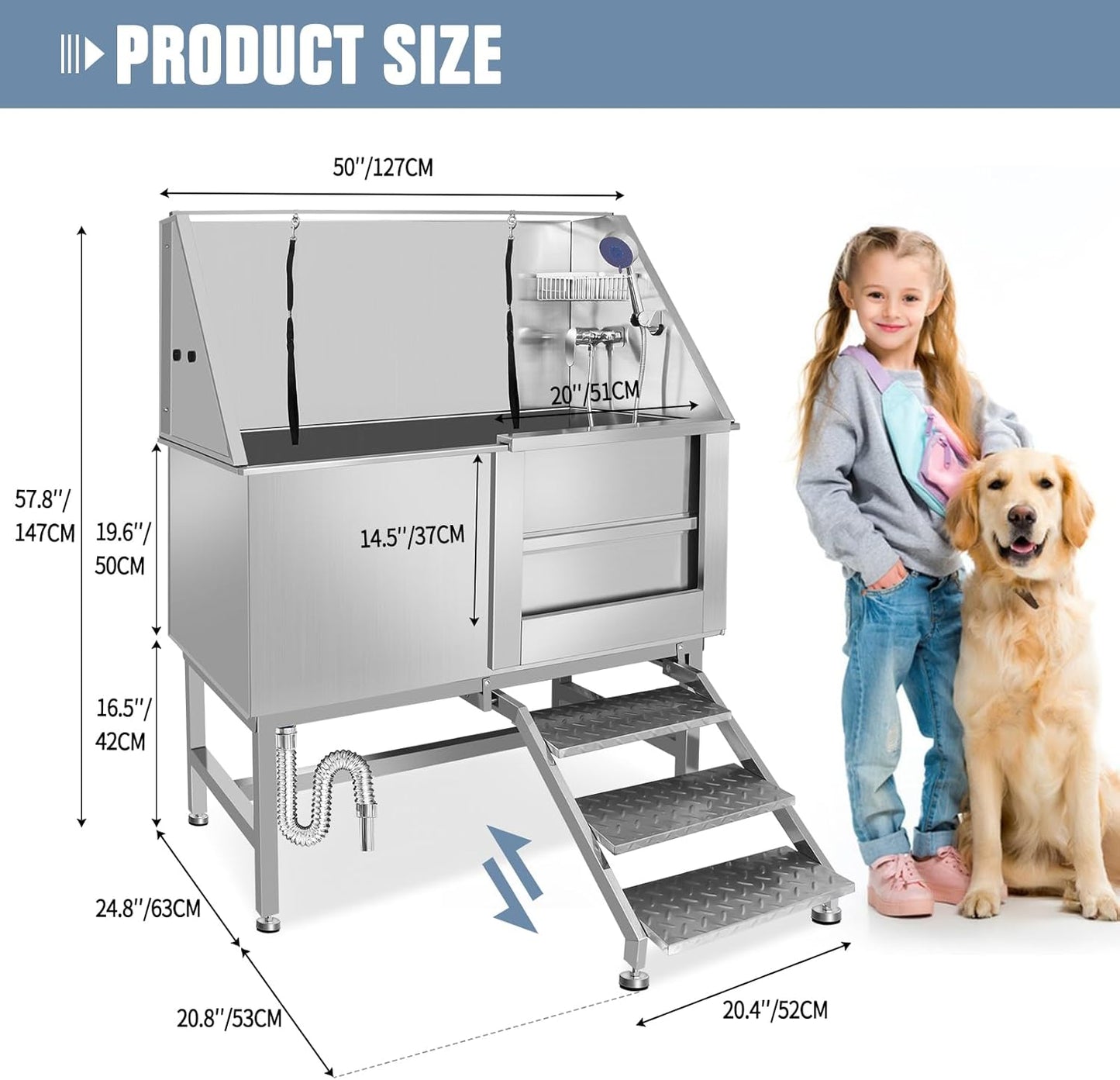50" Pet Dog Bathing Station W/Stairs, Professional Stainless Steel Dog Grooming Tub W/Soap Box, Faucet,Rich Accessory, Dog Bathtub for Large,Medium,Small Pets, Washing Sink for Home (50" Right ramp)