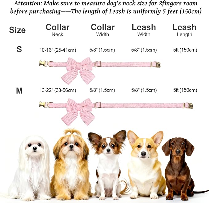 Dog Collar and Leash Set with Bowtie, Girl Dog Collars Metal Buckle Adjustable for Small Medium Dogs (White, M: Neck 13"-22" Leash 5 FT)