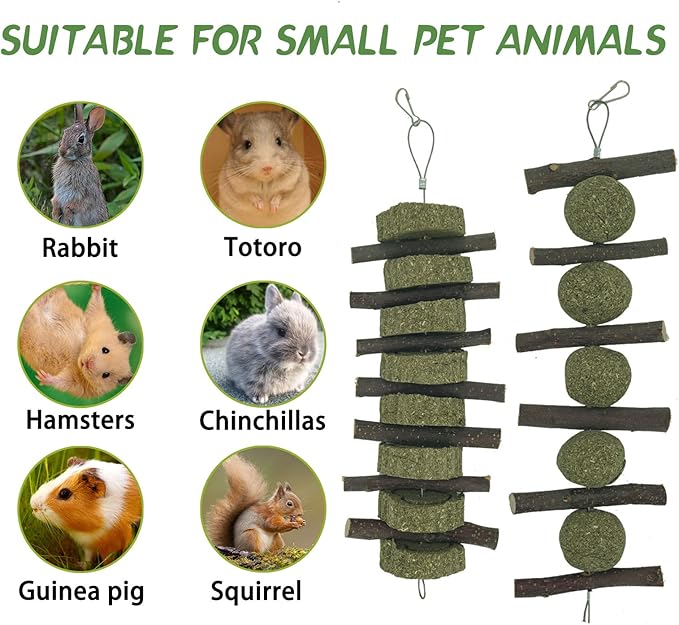 Rabbits Bunny Chew Toys Treats Natural Wood Timothy Hay Grass Cakes Balls Chew Toys Treats for Hamster Chinchilla Guinea Pigs 4pcs