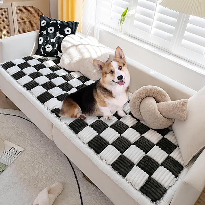 FunnyFuzzy Cream-Coloured Plaid Square Pet Mat Bed Couch Cover, Winter Thickened Dog Bed Cover Pet Blanket Sofa Couch Furniture Protector for Kids Dog Cat(Size:27.6 * 59.06 in,Color:Black)
