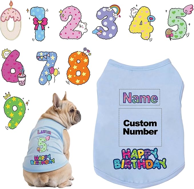 Custom Dog Birthday Shirt,Personalized Pet Apparel Print with Name Age Number,Pet Birthday Outfit,Lightweight Breathable Cotton Vest for Small Medium Large Dogs Cat (Blue, 4X-Large)