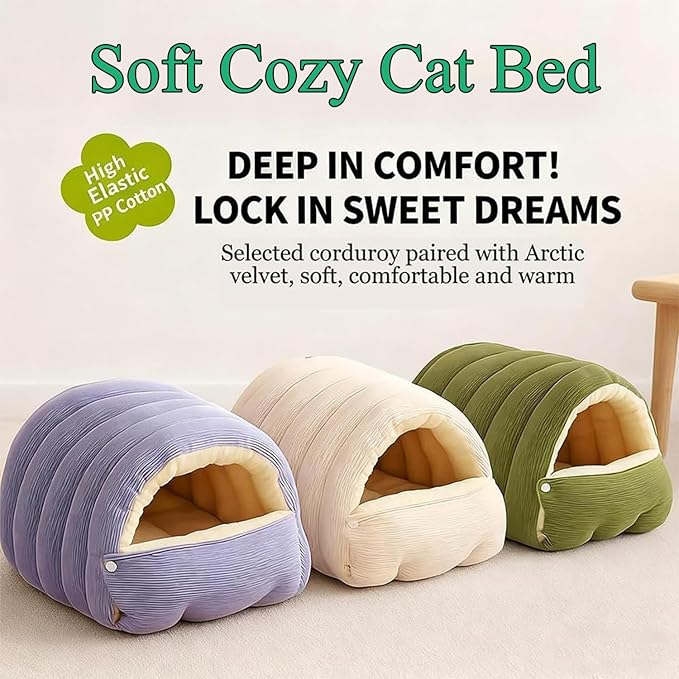 Expectation Cat Bed, Removable and Washable Winter Closed-Off Cat Bed, Soft Fluffy Warm Autumn/Winter Cats House, Washable Non-Slip Pet Sleeping Bag for Indoor Cats Small Dogs (Green,Medium)