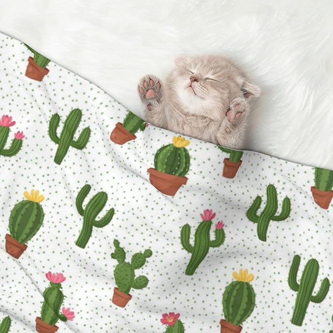 Double Sided Plush Pet Blanket for Small Large Animals, Cactus Floral Bloom Flower Summer Tropical Watercolor, Reversible Throw with Dimpled Dot Side and Flat Side for Kennels Living Rooms