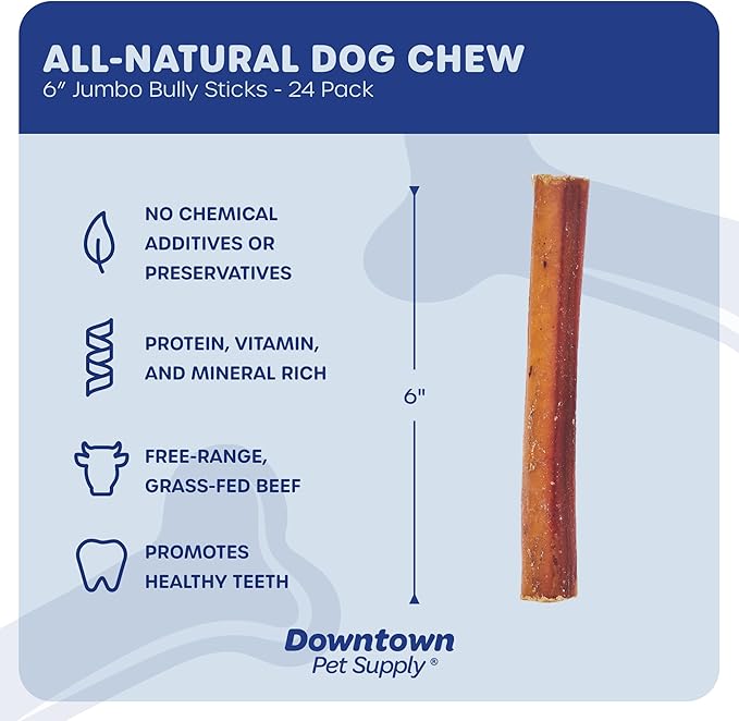 Downtown Pet Supply Jumbo Bully Sticks for Dogs - Natural Beef Chews, Low-Odor & Rawhide-Free, Long Lasting Dog Treats for Aggressive Chewers - Healthy, Safe & Delicious Chews Dogs Love (6" 24 Pack)