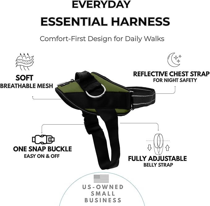 ShawnCo Essential Dog Harness, No-Pull Pet Vest with 3 Leash Clips, No Choke, Reflective, Adjustable and Padded, for Easy Walking and Training for Small, Medium and Large Dogs (Olive Green, S)