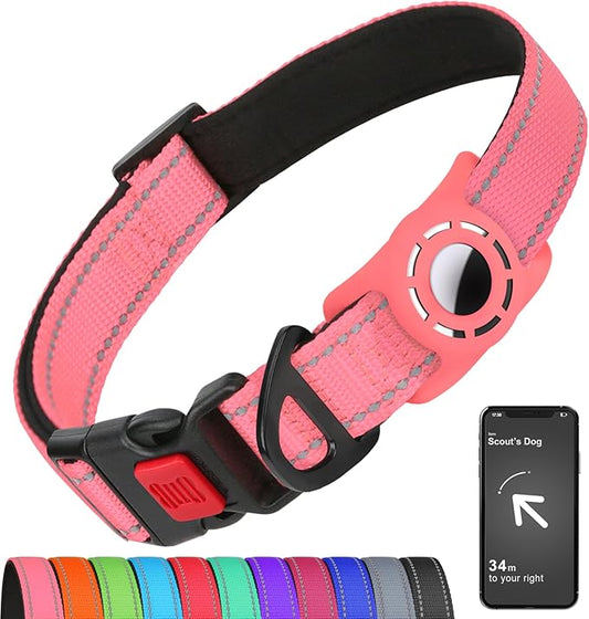 Airtag Dog Collar with AirTag Holder for Small Dogs, Reflective, Soft Padded & Safety Locking Buckle, Nylon Pet Collars Adjustable for All Breeds, Pink,S