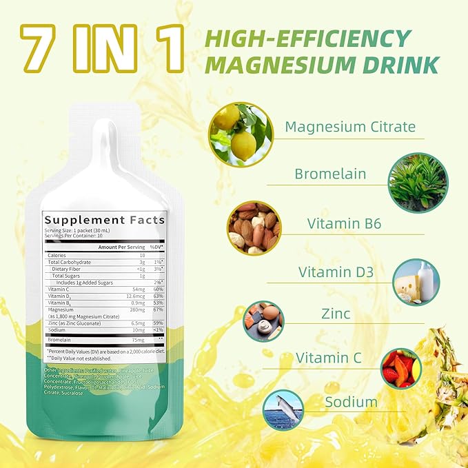 Magnesium Citrate Liquid Supplement(10 Fl Oz),Magnesium Complex Drink/Oral Solution with VitaminB,Zinc, Sodium and Bromelain for Sleep,Muscle,Heart,Gut Support(Pineapple)