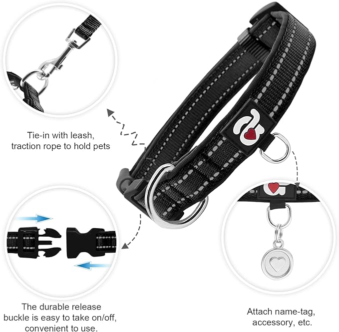 azuza Reflective Dog Collar, Soft Neoprene Padded Pet Collar with ID Tag Ring, Adjustable for Small Dogs,Black,S