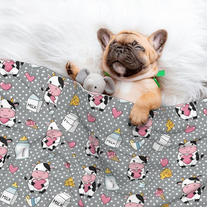 Two Sided Pet Cuddler Blanket for Anxiety Calming, Cartoon Cow Character, Reversible Plush Design with Bubble Dot Pattern Provides Familiar Surface Anywhere
