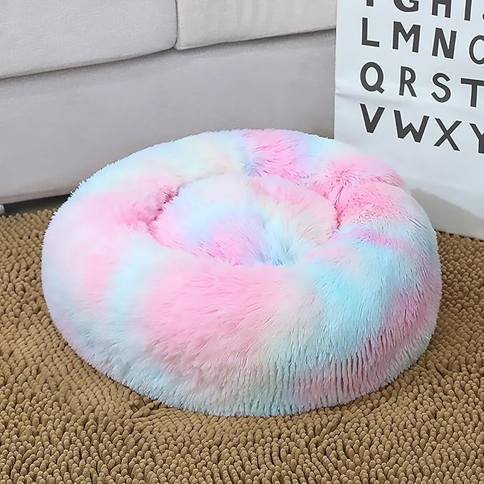 Calming Dog Bed for Small Dogs, Calming Donut Cuddler Pet Bed Anti Anxiety Round Dog Bed Fluffy Plush Faux Fur Cat Bed,Colorful Pink,35.5IN