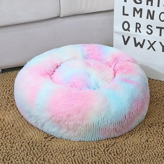 Calming Dog Bed for Small Dogs, Calming Donut Cuddler Pet Bed Anti Anxiety Round Dog Bed Fluffy Plush Faux Fur Cat Bed,Colorful Pink,23.6IN