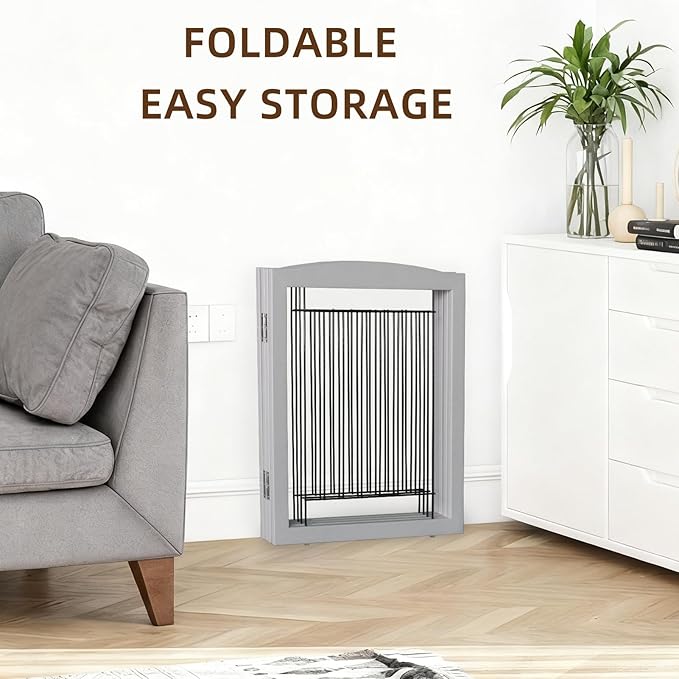 ZJSF Freestanding Foldable Dog Gate for House Extra Wide Wooden Grey Puppy Gate Stairs Dog Gates Doorways Tall Pet Gate 32" Height 4 Panels Pet Fence