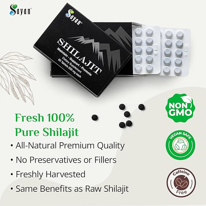 Sayan 100% Pure Shilajit Tablets, 24,000mg High-Potency Supplement, More Effective Than Resin & Capsules, 85+ Trace Minerals Sourced from 10,000ft Lab-Tested for Purity. 120 Tablets, 2-4 Month Supply