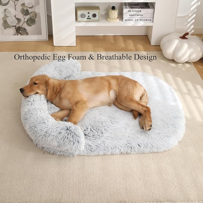 Calming Dog Bed - Fluffy Plush Mat with Removable Washable Cover | Furniture Protector for Large Dogs & Cats(Rainbow Colors,21.65X15.75X4.33in)
