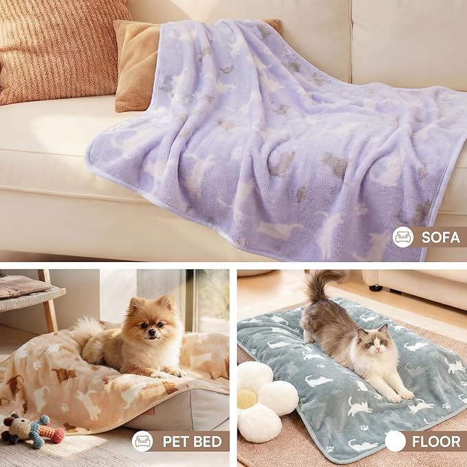 Luciphia 1 Pack 3 Blankets, Cute Cat Printed Fluffy Fleece Pet Blanket for Dogs Cats Washable, Warm Soft Throw Cover for Crate Couch, Gifts Puppy Essentials, Purple/Grey/Khaki, Large (41x31 inch)