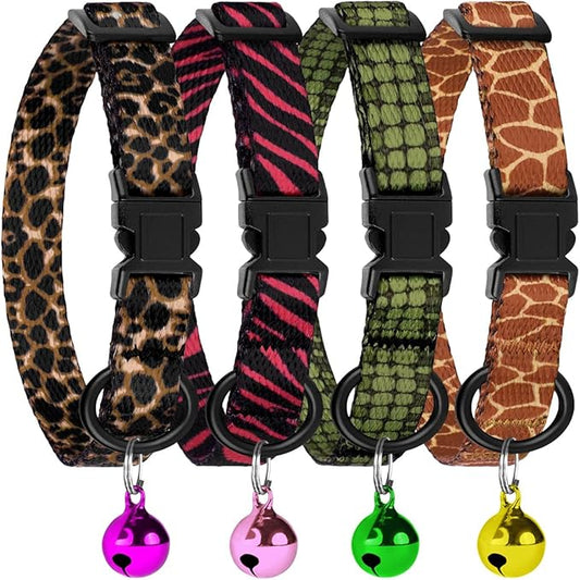 4PCS Breakaway Cat Collars with Bell - Cute Soft Adjustable Safety Kitten Collars 4-Pack - Nylon Pet Collars Nature Tribal Striped Floral Space Aztec Flowers Print (Animal Print)