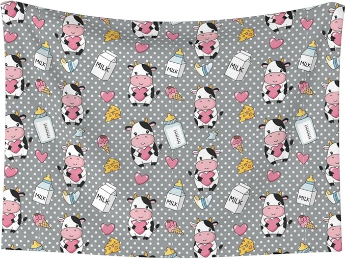 Reversible Pet Blanket for Sofa Protection Pet Comfort, Cartoon Cow Character, Double Sided Design with Cozy Nubby Nap Side and Durable Smooth Play Side