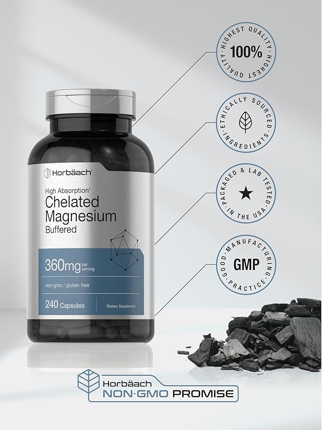 Horbäach Chelated Magnesium | 360mg | 240 Capsules | Non-GMO & Gluten Free Supplement