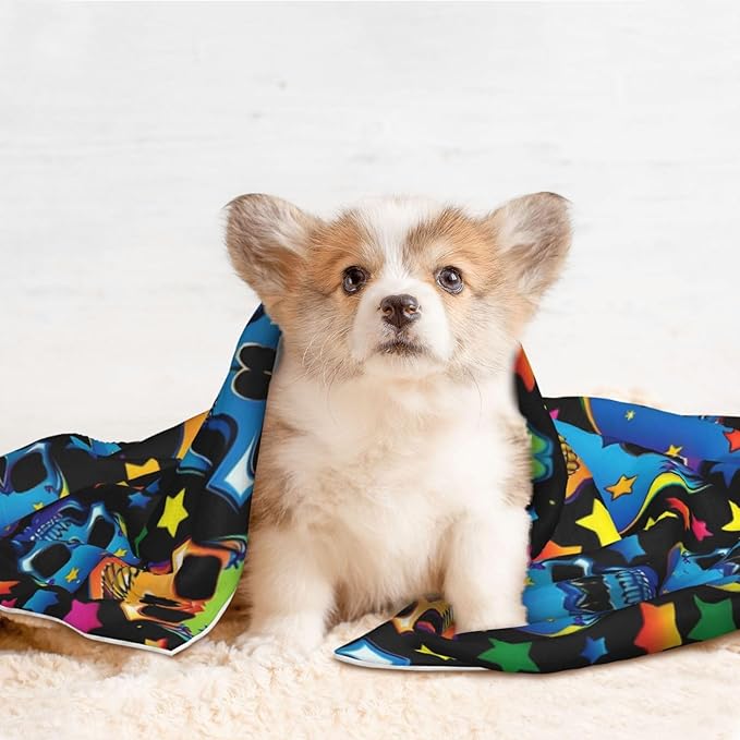 Pet Blanket for Travel and Home, Colorful Stars Neon Skulls, Reversible Plush Dot Design with Soft Grip Texture on One Side Perfect for Car Seats Moving Vehicles