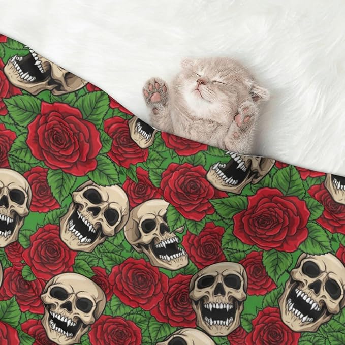 Reversible Dog Blanket for Beds Couches, Floral Rose Flowers Day of The Dead Sugar Skulls, Double Sided Cat Blanket with Textured Dot Feel and Smooth Feel for Seasonal Comfort All Year