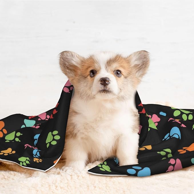 Reversible Plush Throw for Dogs and Cats, Pink Red Blue Green Dog Pug Paws, Double Sided Blanket with Nubby Dot Side and Sleek Side Ideal for Cuddling Nesting Security