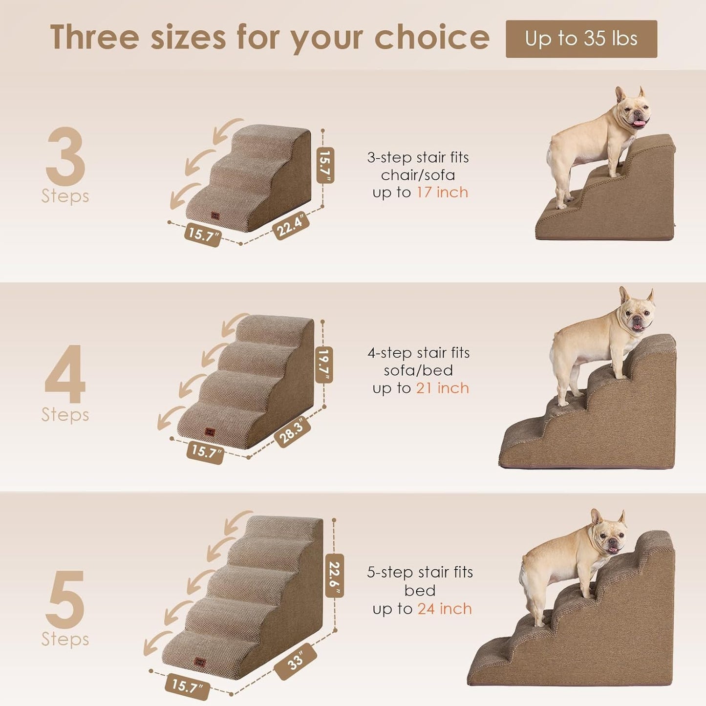 EHEYCIGA Curved Dog Stairs Ramp for Small Dogs 15.7" H, 3-Step Dog Steps for Couch Sofa and Chair, Pet Stairs for Cats, Non-Slip Balanced Pet Steps Indoor, Camel