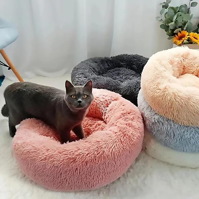 Calming Dog Bed for Small Dogs, Calming Donut Cuddler Pet Bed Anti Anxiety Round Dog Bed Fluffy Plush Faux Fur Cat Bed,Black+White,27.5IN