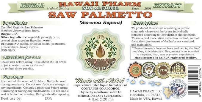 Saw Palmetto Alcohol-Free Liquid Extract, Organic Saw Palmetto (Serenoa Repens) Dried Berry Glycerite Natural Herbal Supplement, Hawaii Pharm, USA 4 fl.oz