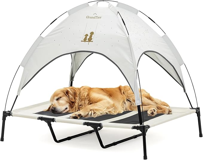 GrandTies Cooling Elevated Dog Bed with Canopy – XL Portable Pet Cot for Outdoor & Indoor Use – Waterproof Removable Shade, Breathable Mesh, Slip-Resistant Feet, Easy Assembly – Ivory White