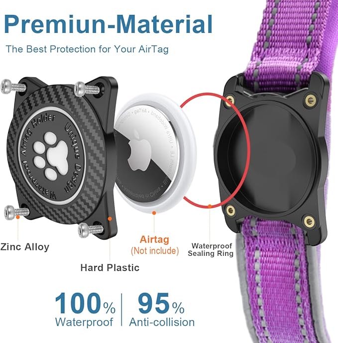 Airtag Dog Collar with Waterproof Air Tag Holder, Luminous Reflective, Soft Padded, Adjustable Nylon Pet Collar for Small Medium Large Heavy Duty Dogs,Purple, M