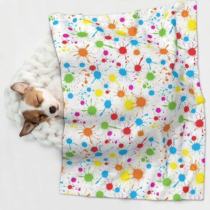 Reversible Plush Throw for Dogs and Cats, Paint Splatter Colorful, Double Sided Blanket with Nubby Dot Side and Sleek Side Ideal for Cuddling Nesting Security