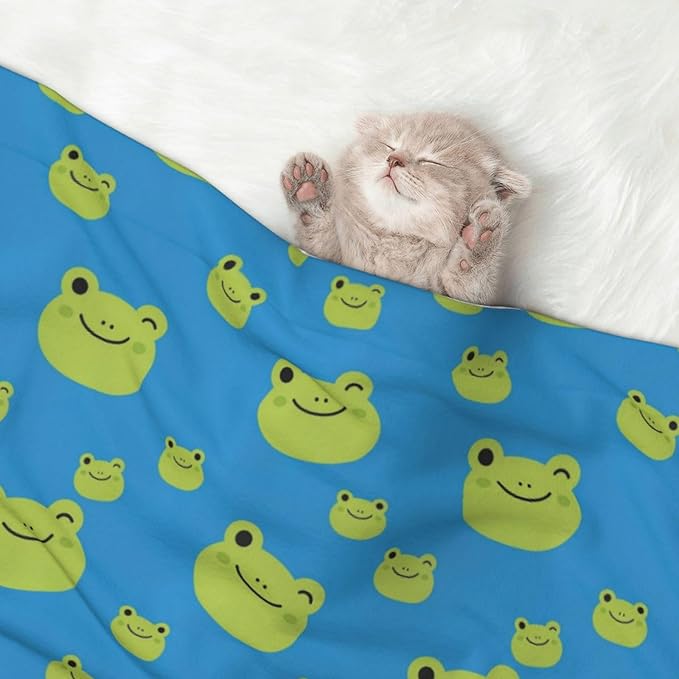 Two Sided Plush Pet Blanket for Crates Carriers Home Use, Colorful Pattern Adorable Frog Face Pattern, Reversible Throw with Cozy Dot Fabric and Silky Reverse for Small Large Pets