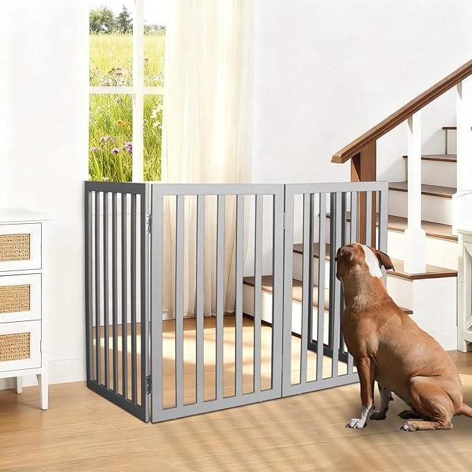 ZJSF Freestanding Indoor Dog Gate for House Foldable Wood Grey Puppy Gate for Doorways Pet Gate for Stairs Extra Wide Pet Fence 24" Height 2 Panels
