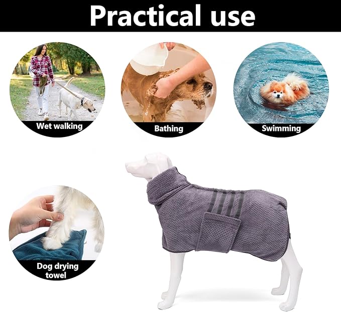 Geyecete Pineapple Grid Fast Drying Super Absorbent Dog Cat Bath Robe Towel - Gray, XL