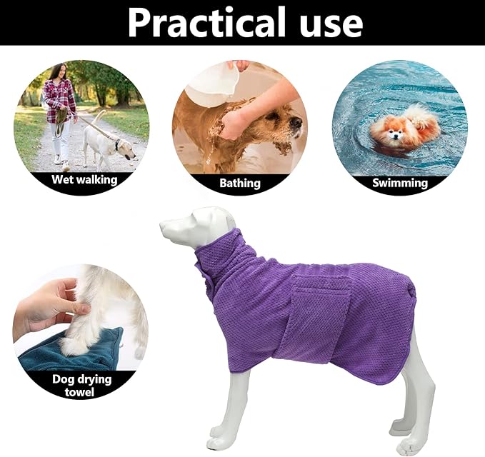Geyecete Pineapple Grid Fast Drying Super Absorbent Dog Cat Bath Robe Towel - Purple, XXL