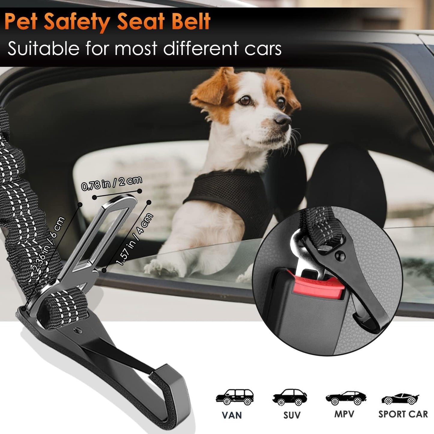 SlowTon Dog Seat Belt, Adjustable Dog Safety Belt Leash, 2 in 1 Latch Bar Attachment Dog Car Seatbelt with Elastic Nylon Bungee Buffer, Reflective Nylon Belt Tether Connect to Dog Harness (2Black)