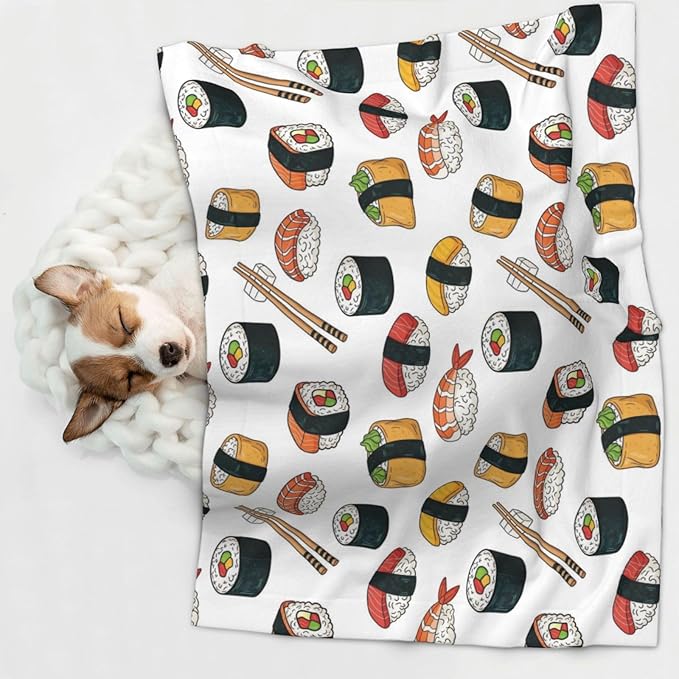 Reversible Plush Pet Blanket for Puppies Kittens, Sushi, Double Sided Gentle Dot Texture for New Pets Adjusting to Home Environment Softly