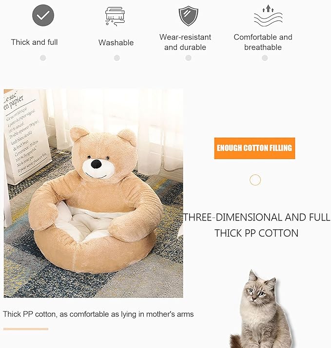 Dog Sofas & Chairs, pet Shape Sofa, Slip Resistant Dog cat Furniture, Adorable Bear Shaped Pet Sofa Bed, Washable Dog cat Couch, Plush Soft Couch for Dogs and Cats S(bottomDiameter46cm) Khaki+mat