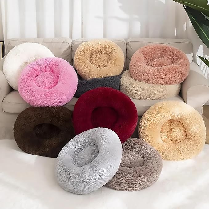 Calming Dog Bed for Small Dogs, Calming Donut Cuddler Pet Bed Anti Anxiety Round Dog Bed Fluffy Plush Faux Fur Cat Bed,Gradient Yellow,15.7IN