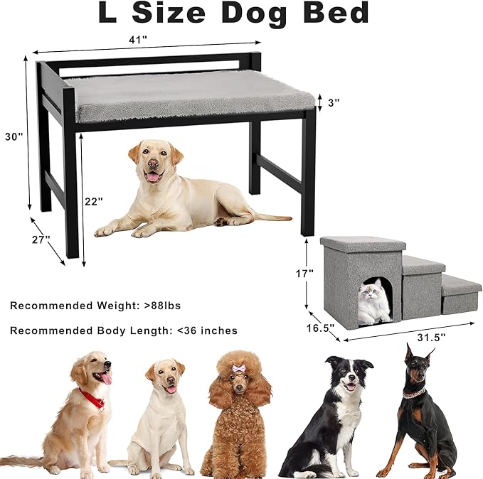 Bedside Dog Bed with Mattress - Raised Wooden Pet Cosleeper with Guardrail, Removable Mattress & 3-Step Foldable Stairs, Freestanding Bassinet-Style Elevated Dog Bed for Large Sized Dogs