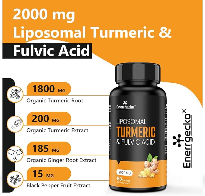 2000 mg Liposomal Turmeric Curcumin with Black Pepper & Ginger for Superior Absorption with Fulvic Acid and Humic Acid 180 Softgels - 3 Month Supply